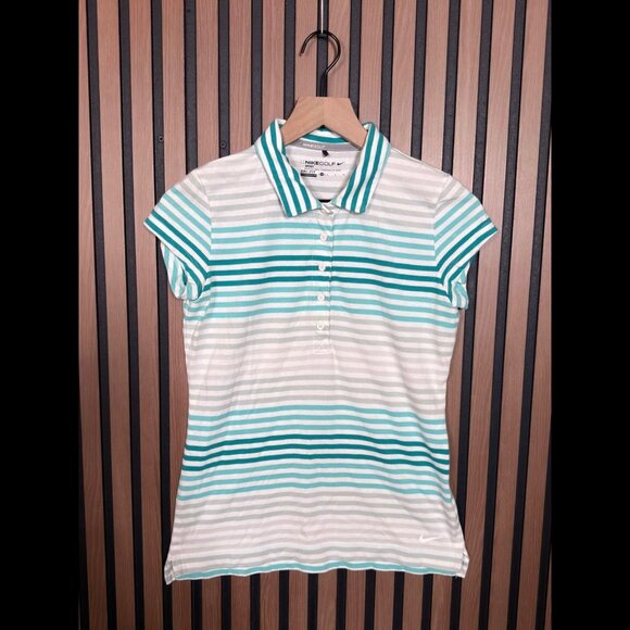 Nike Golf Polo Shirt Small Womens White Blue Short Sleeve Dri-Fit Fabric Striped - Picture 1 of 8